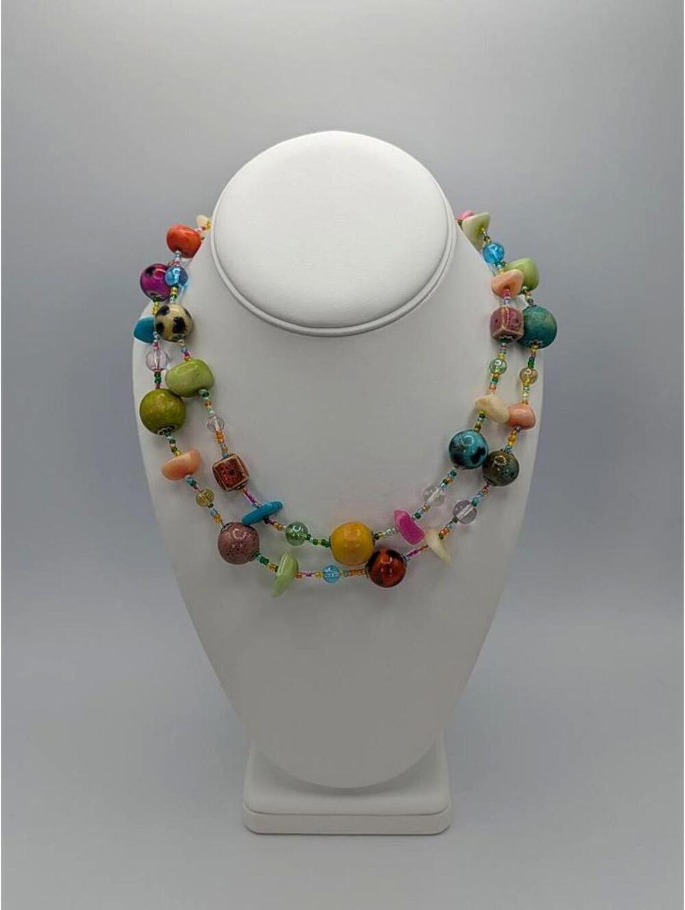 Vintage Colorful Beaded Multi-Stone And Ceramic Necklace